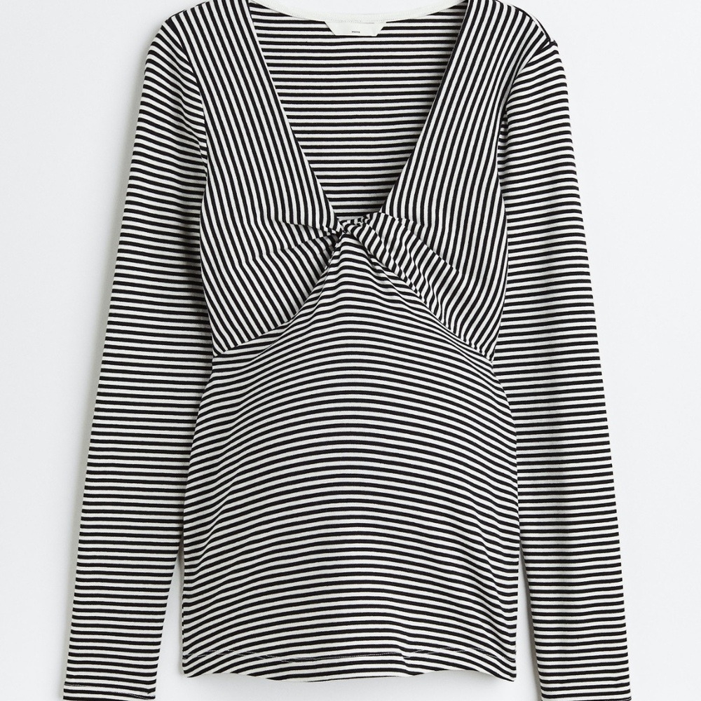 H&M Mama Maternity - Black White Stripe Long Sleeve Low V Neck Top - Size Medium